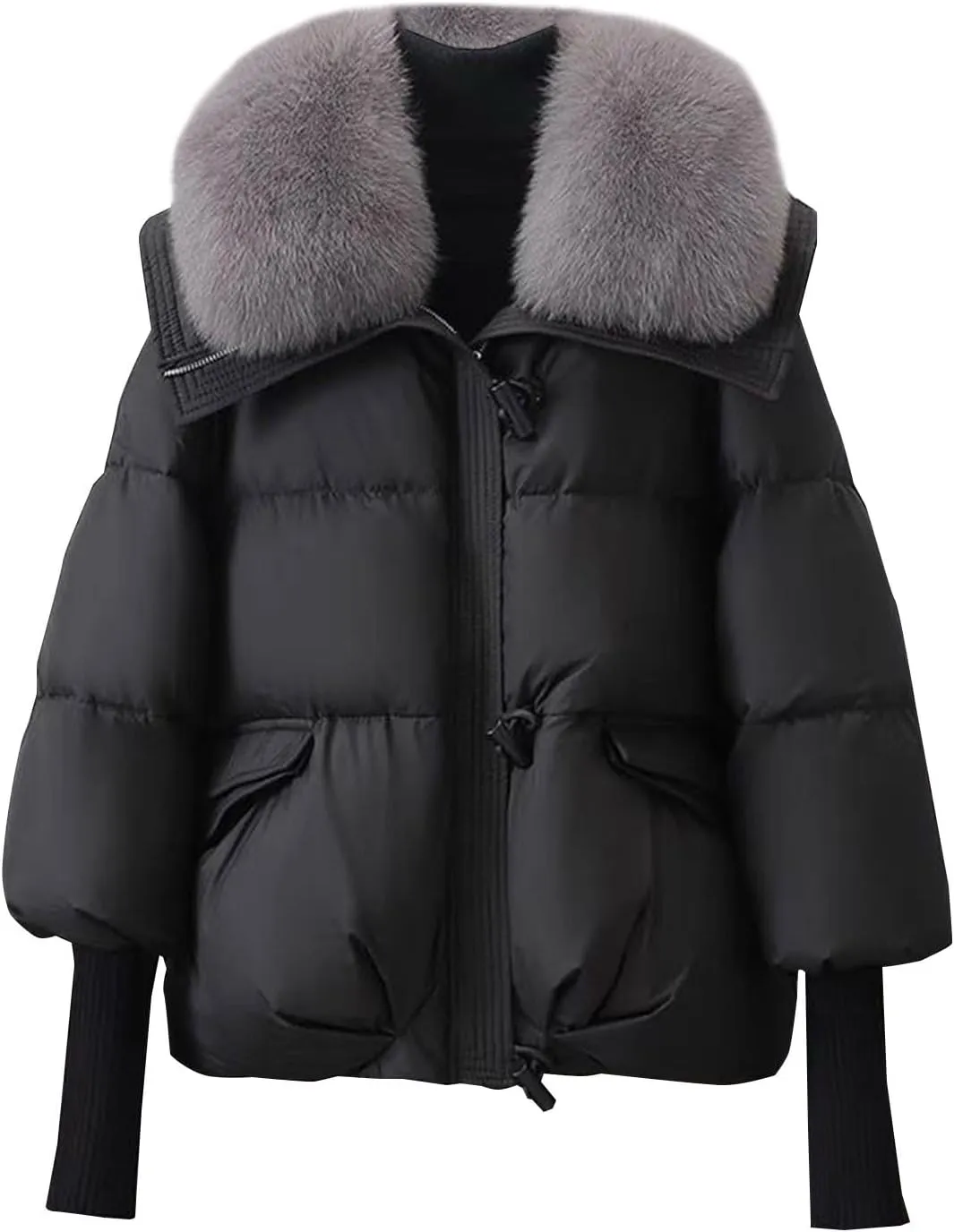 Women Faux Fur Collar Puffer Jacket Loose Warm Thick Snow Jackets Full Zipper Batwing Sleeve Down Jacket with Pocket