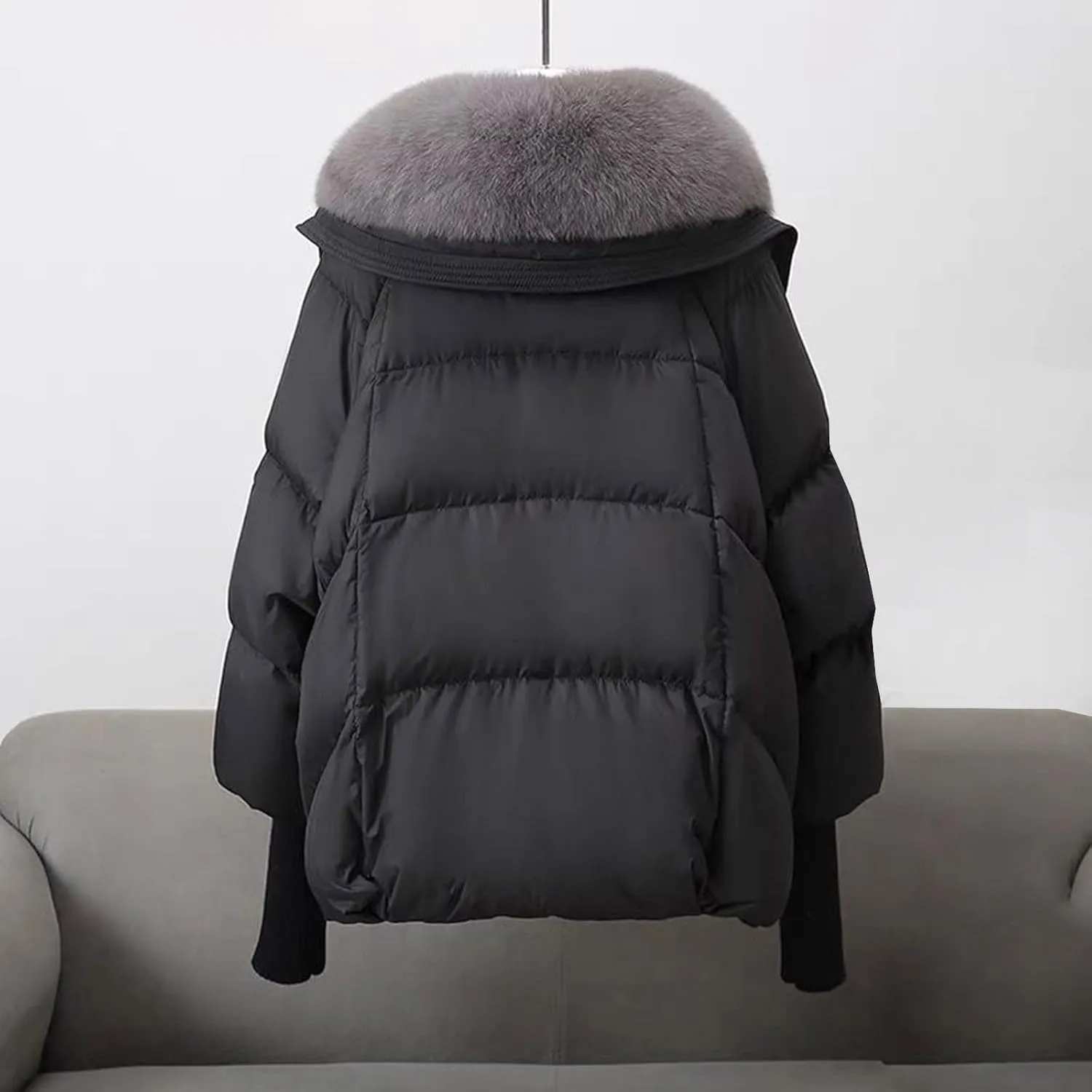 Women Faux Fur Collar Puffer Jacket Loose Warm Thick Snow Jackets Full Zipper Batwing Sleeve Down Jacket with Pocket