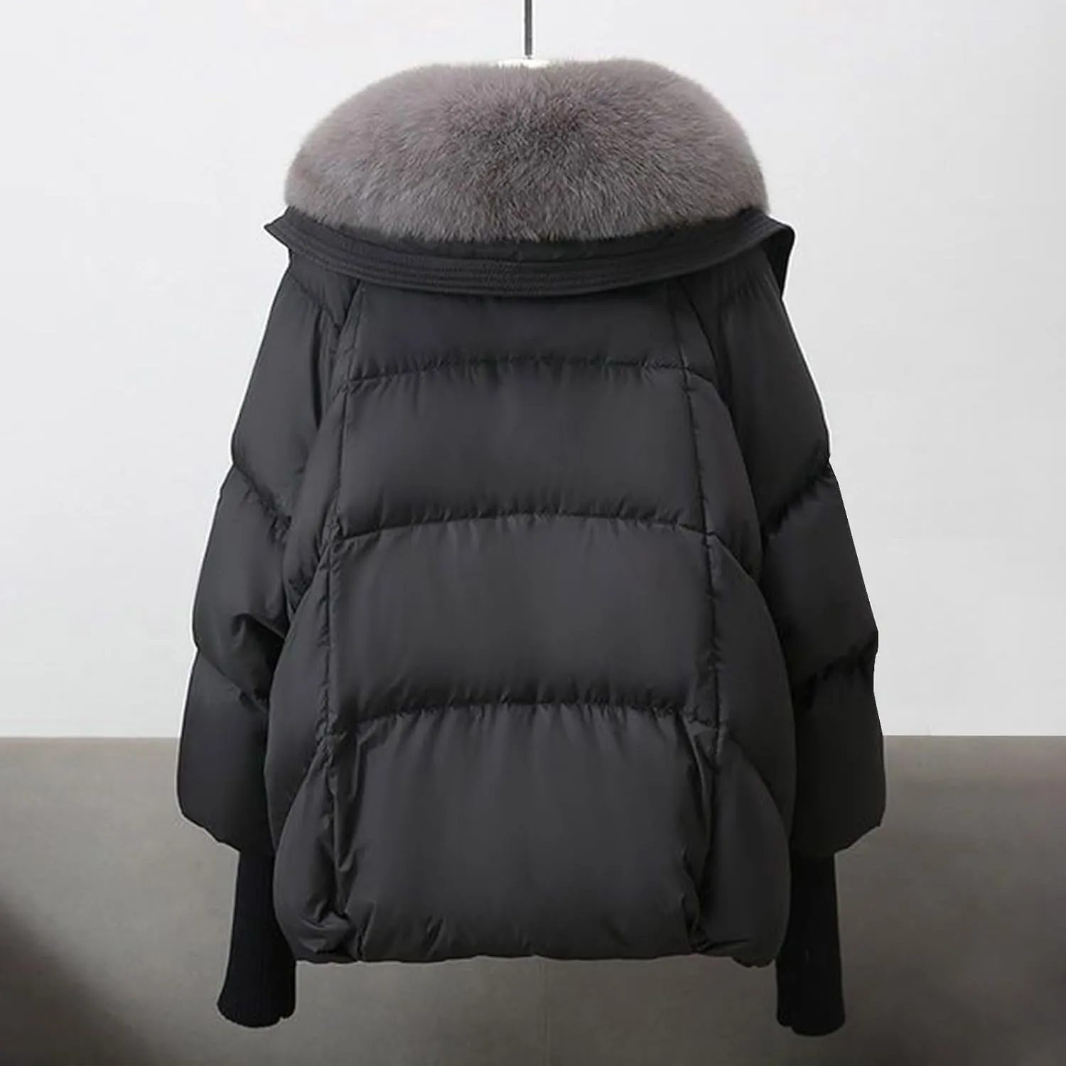 Women Faux Fur Collar Puffer Jacket Loose Warm Thick Snow Jackets Full Zipper Batwing Sleeve Down Jacket with Pocket