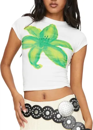 Women Floral Print Baby Tees Y2k Graphic Crew Neck Short Sleeve Crop Top Teen Girl Summer Aesthetic Vintage Shirt