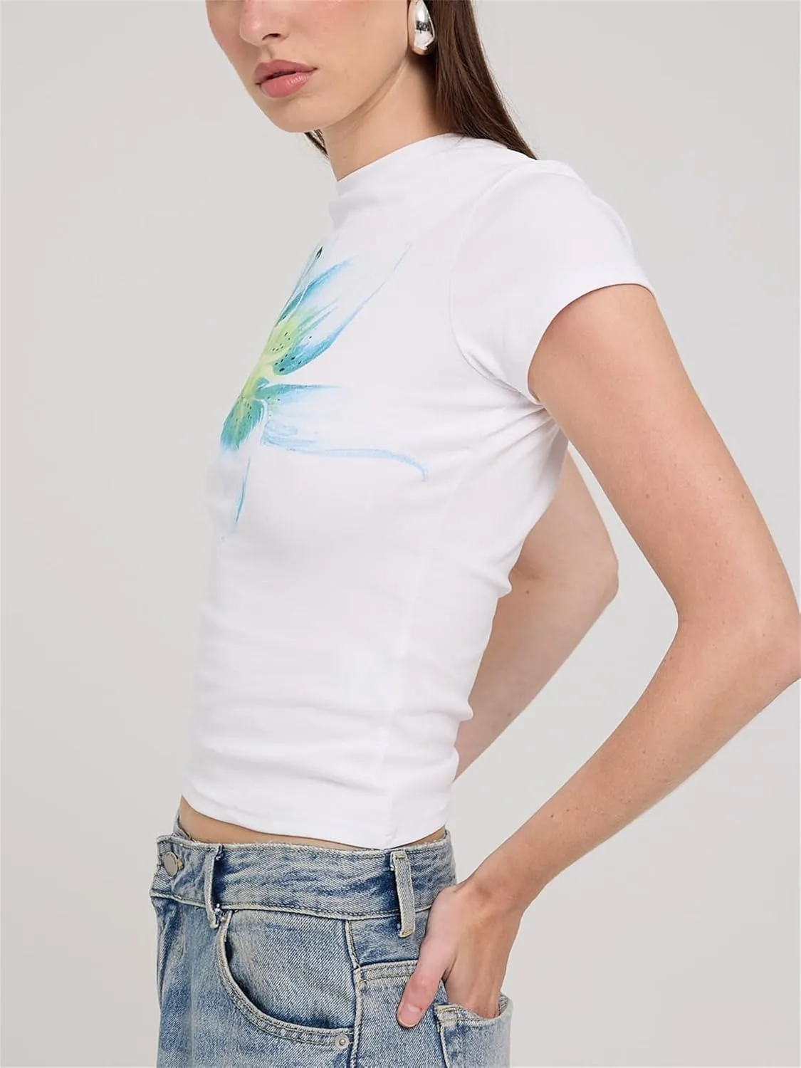 Women Floral Print Baby Tees Y2k Graphic Crew Neck Short Sleeve Crop Top Teen Girl Summer Aesthetic Vintage Shirt