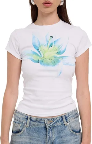 Women Floral Print Baby Tees Y2k Graphic Crew Neck Short Sleeve Crop Top Teen Girl Summer Aesthetic Vintage Shirt