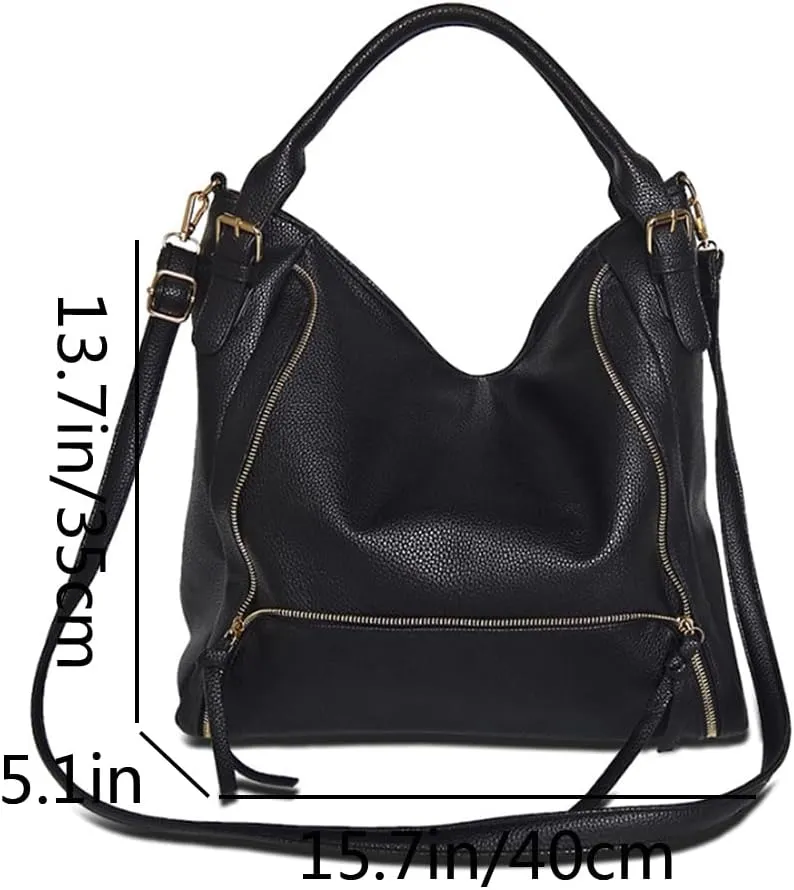Women Hobo Tote Purse and Handbag Faux Leather Top Handle Satchel Zip Shoulder Bags Black