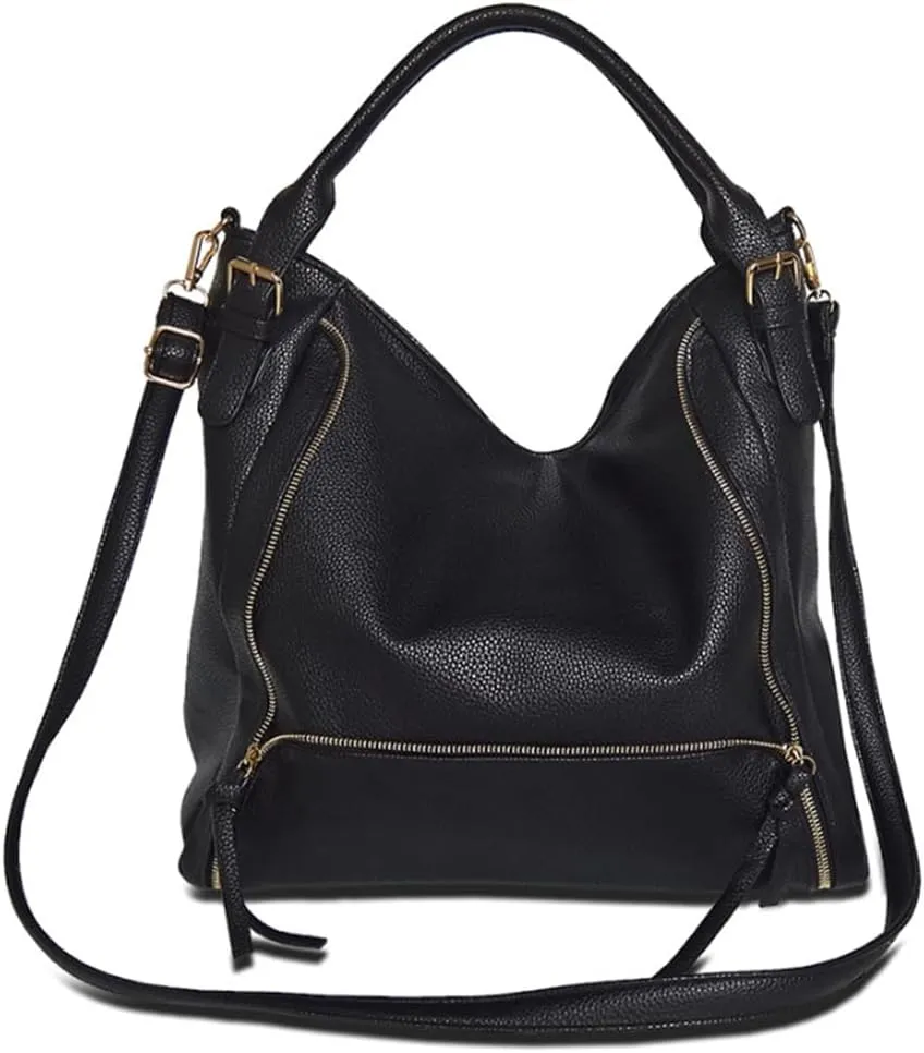 Women Hobo Tote Purse and Handbag Faux Leather Top Handle Satchel Zip Shoulder Bags Black