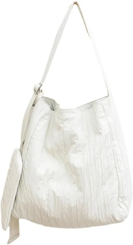 Women Korean Casual Canvas Bucket Bag with Small Pleated Shoulder Bag Large Capacity Crossbody Bag