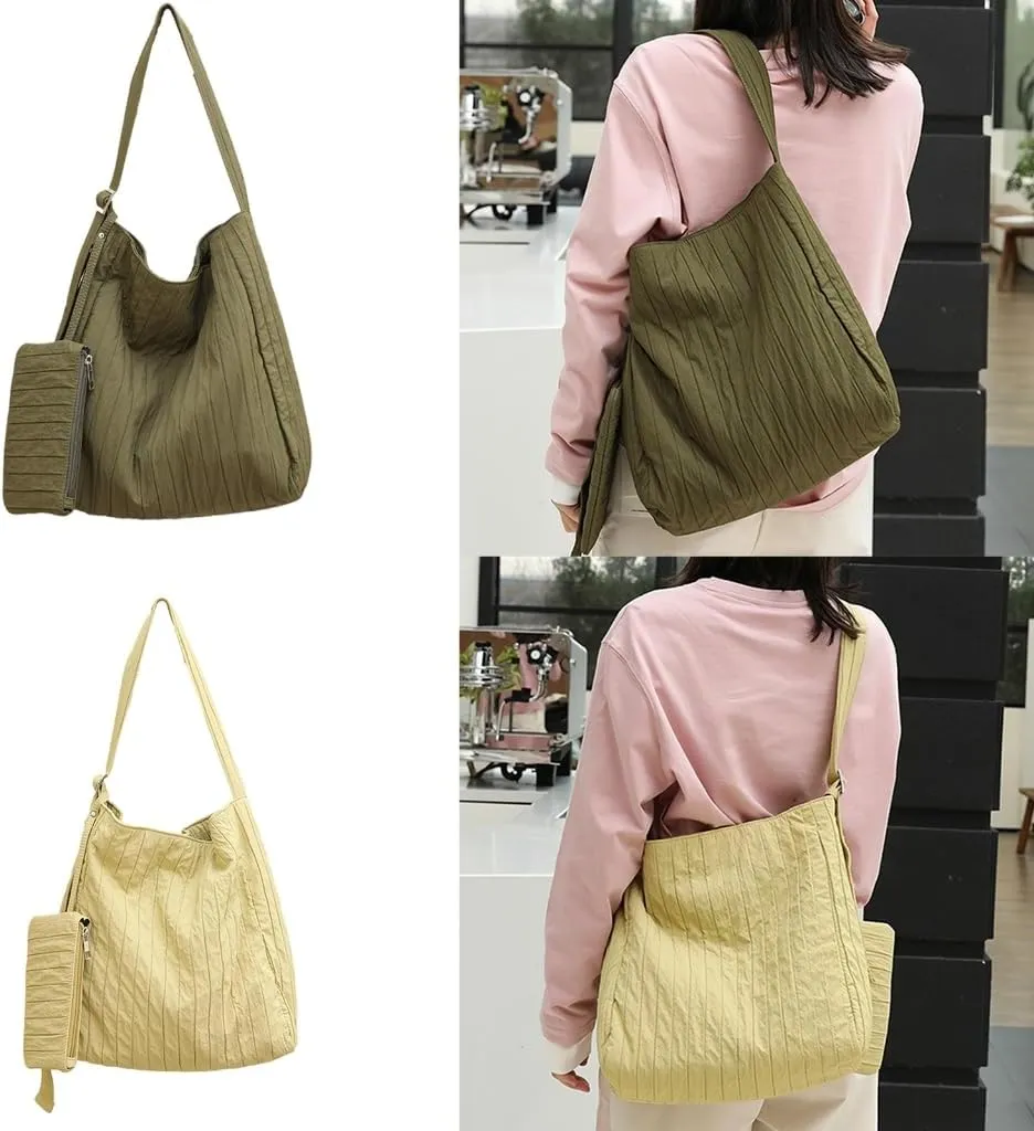 Women Korean Casual Canvas Bucket Bag with Small Pleated Shoulder Bag Large Capacity Crossbody Bag