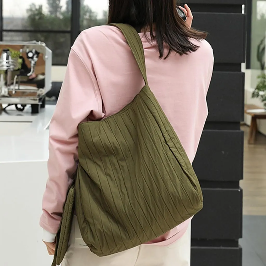 Women Korean Casual Canvas Bucket Bag with Small Pleated Shoulder Bag Large Capacity Crossbody Bag