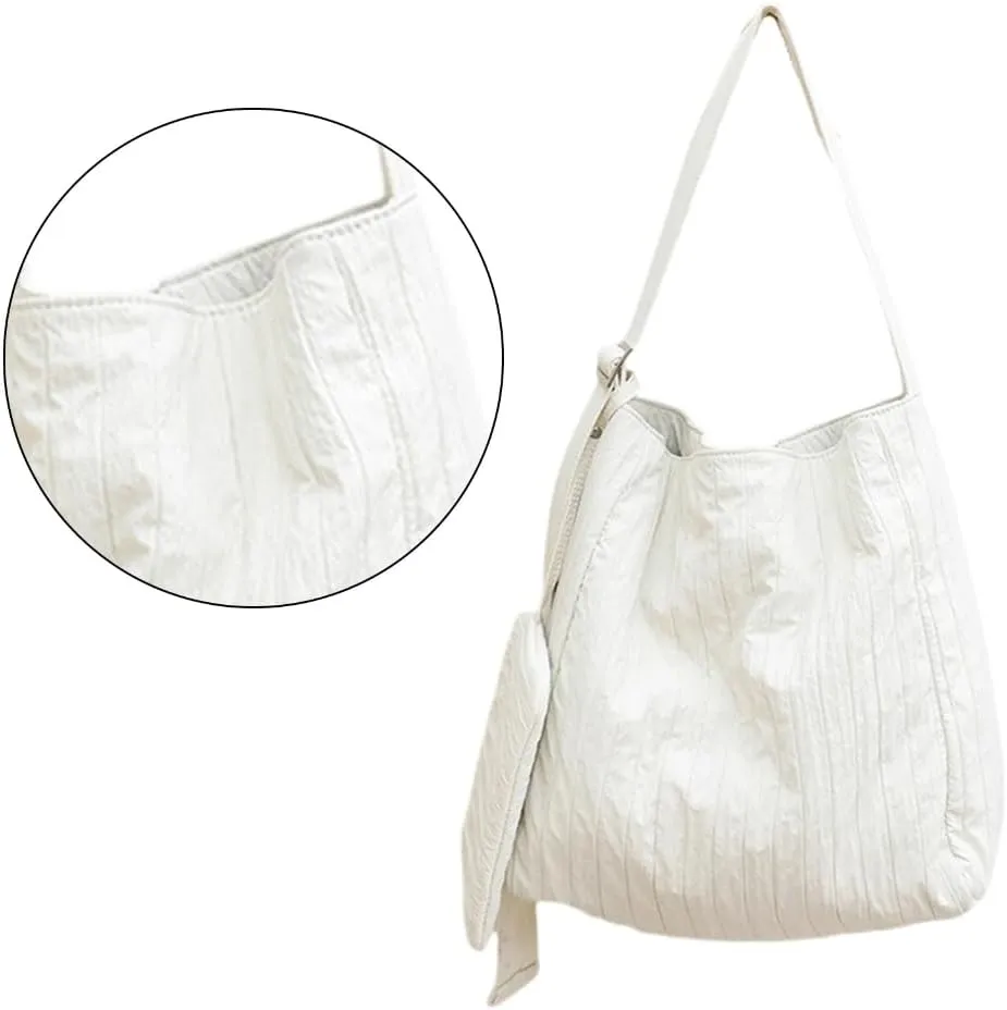 Women Korean Casual Canvas Bucket Bag with Small Pleated Shoulder Bag Large Capacity Crossbody Bag