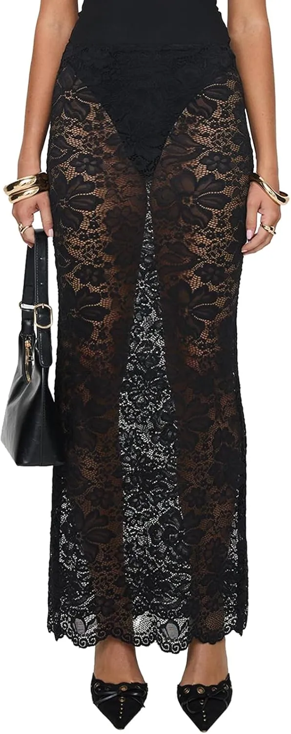 Women Lace Long Skirts Sexy Floral Summer Sheer Skirt Fashion See Through Club Party Beach Maxi Skirts