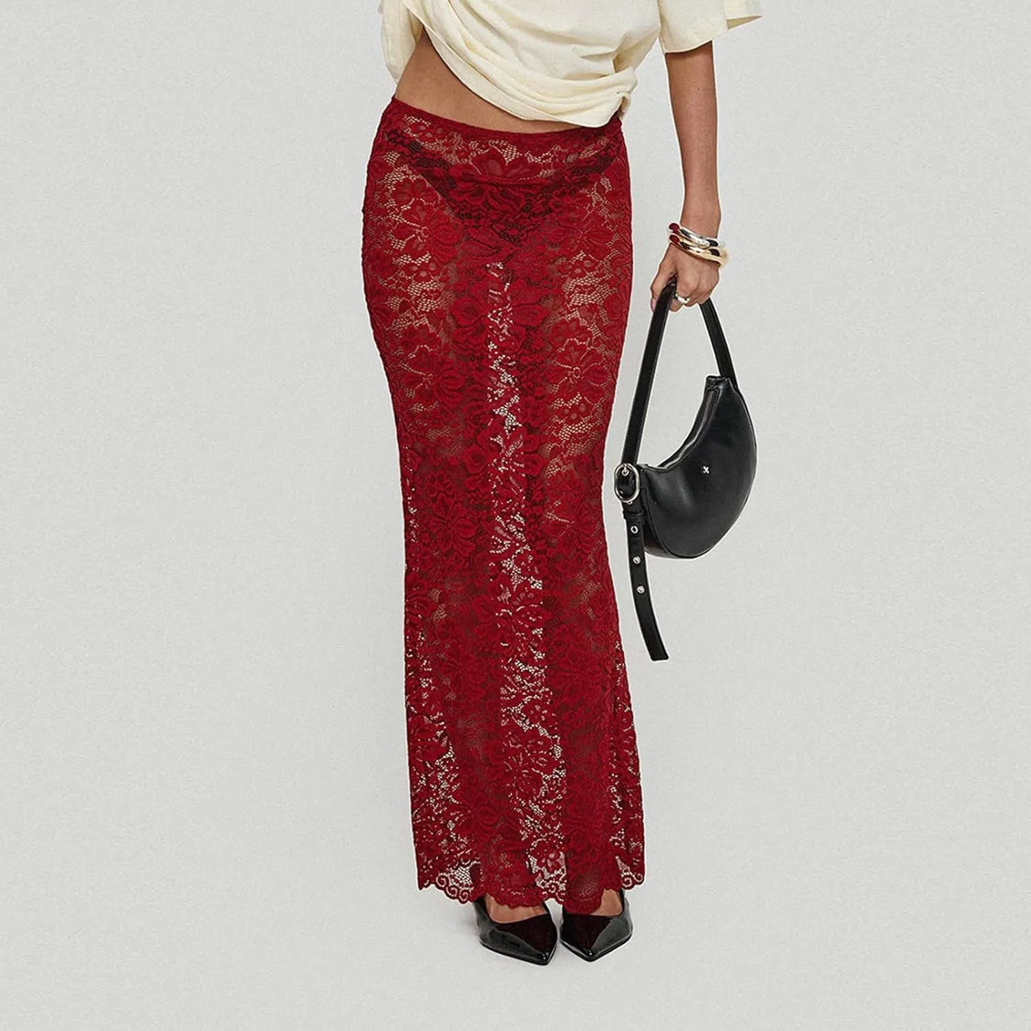 Women Lace Long Skirts Sexy Floral Summer Sheer Skirt Fashion See Through Club Party Beach Maxi Skirts