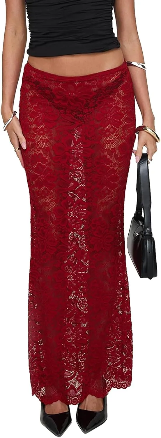 Women Lace Long Skirts Sexy Floral Summer Sheer Skirt Fashion See Through Club Party Beach Maxi Skirts