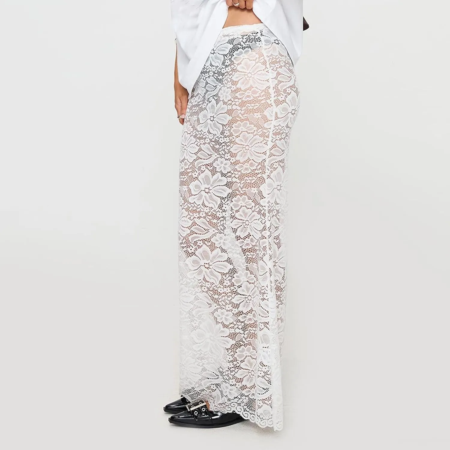 Women Lace Long Skirts Sexy Floral Summer Sheer Skirt Fashion See Through Club Party Beach Maxi Skirts