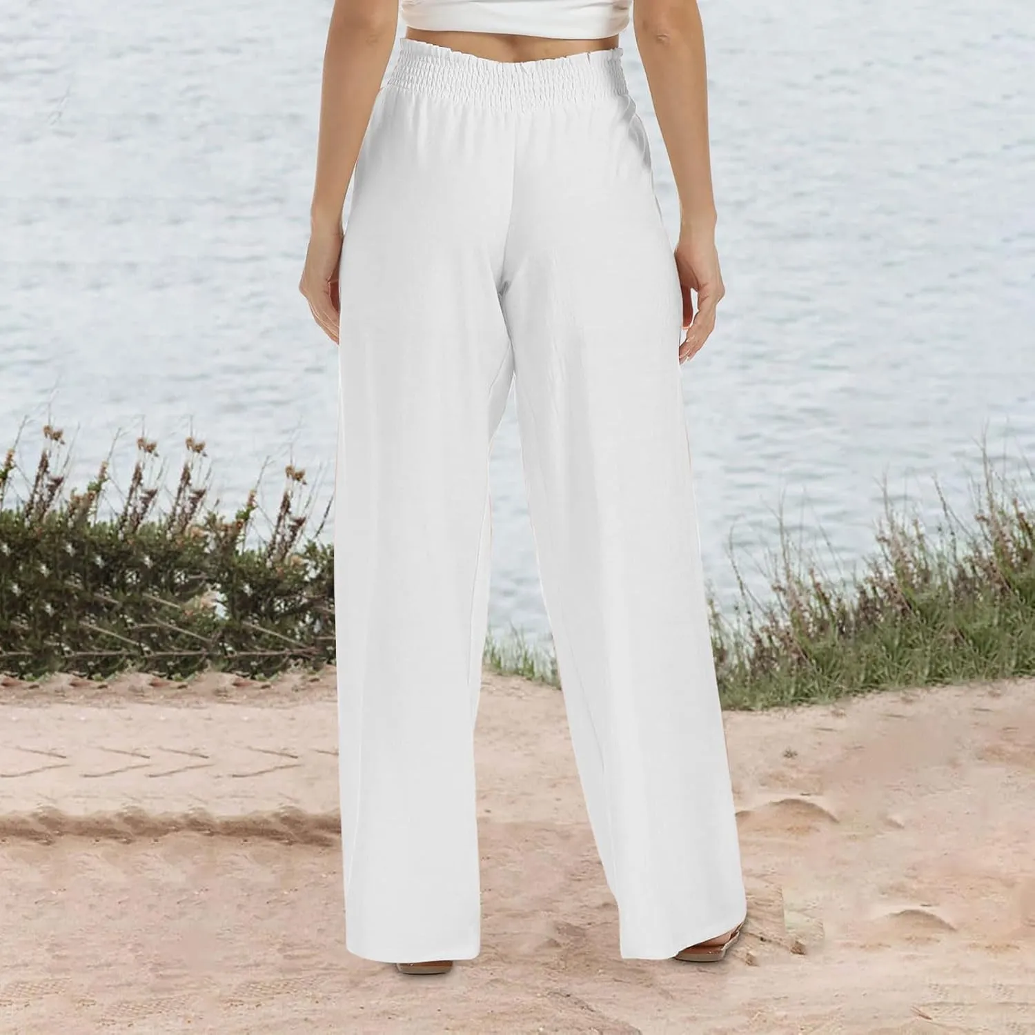 Women Linen Palazzo Pants High Waisted Wide Leg Pants Loose Fit Trousers Pants Wide Waisted Pants Summer Casual Lounge Pants