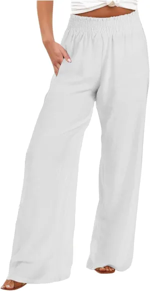 Women Linen Palazzo Pants High Waisted Wide Leg Pants Loose Fit Trousers Pants Wide Waisted Pants Summer Casual Lounge Pants