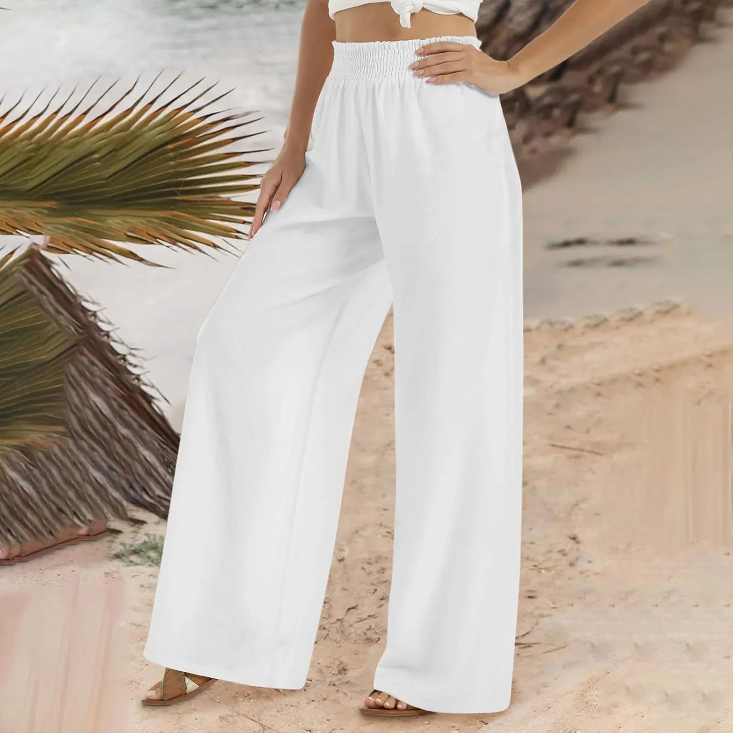 Women Linen Palazzo Pants High Waisted Wide Leg Pants Loose Fit Trousers Pants Wide Waisted Pants Summer Casual Lounge Pants