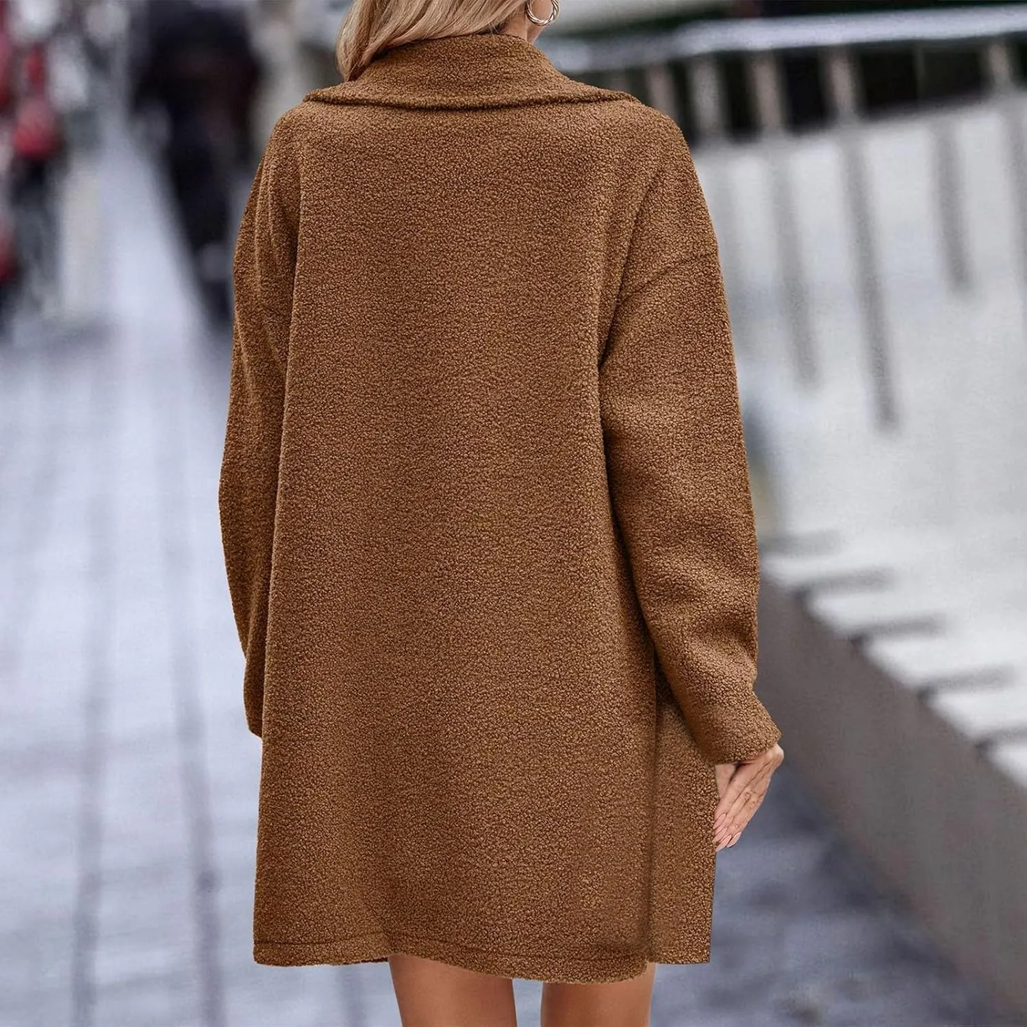 Women Long Sherpa Coats Lapel Fuzzy Trench Jackets Winter Fleece Outerwear Button Cardigan with Pockets