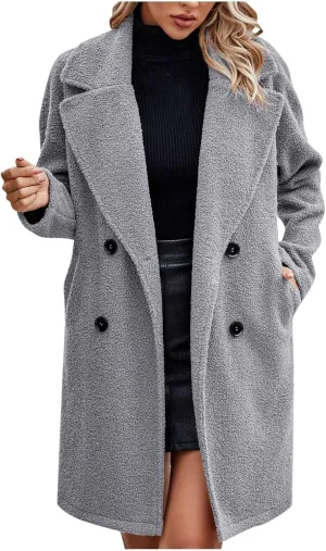 Women Long Sherpa Coats Lapel Fuzzy Trench Jackets Winter Fleece Outerwear Button Cardigan with Pockets