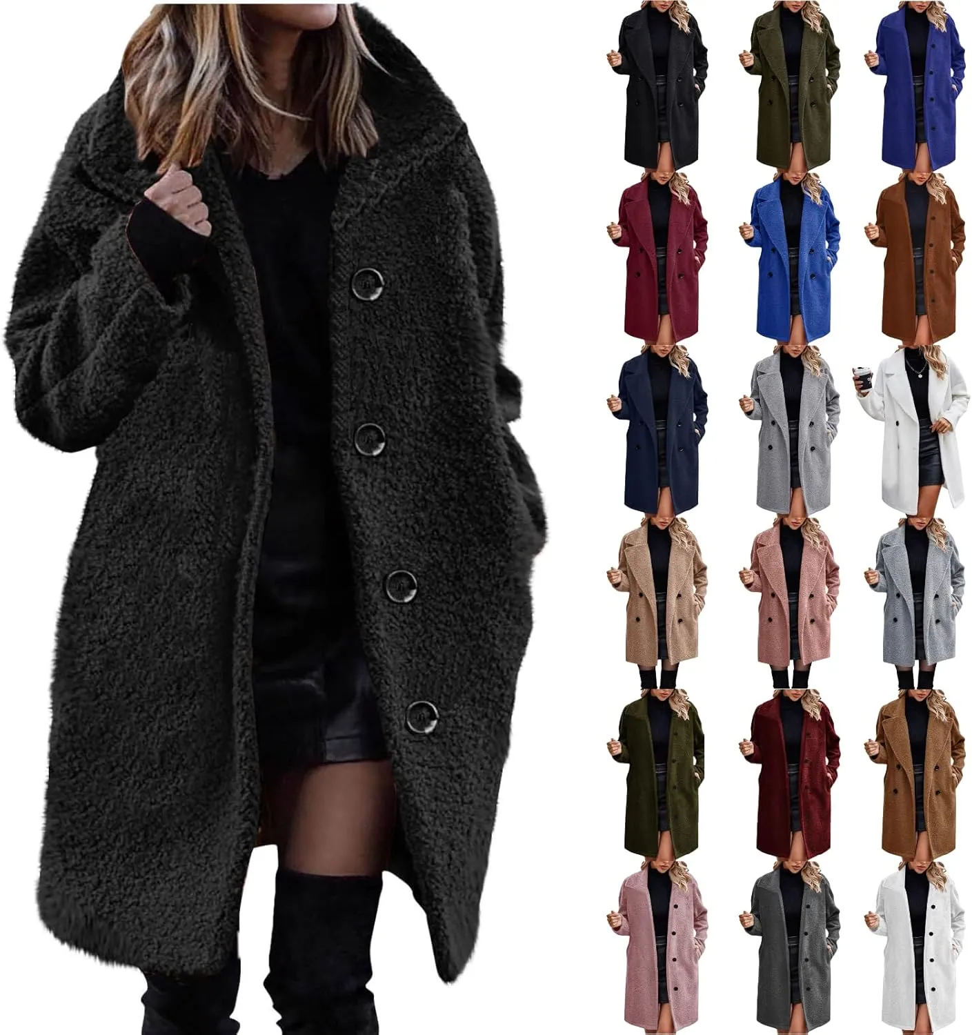 Women Long Sherpa Coats Lapel Fuzzy Trench Jackets Winter Fleece Outerwear Button Cardigan with Pockets