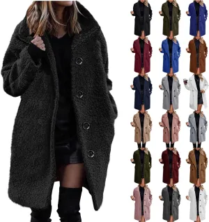 Women Long Sherpa Coats Lapel Fuzzy Trench Jackets Winter Fleece Outerwear Button Cardigan with Pockets