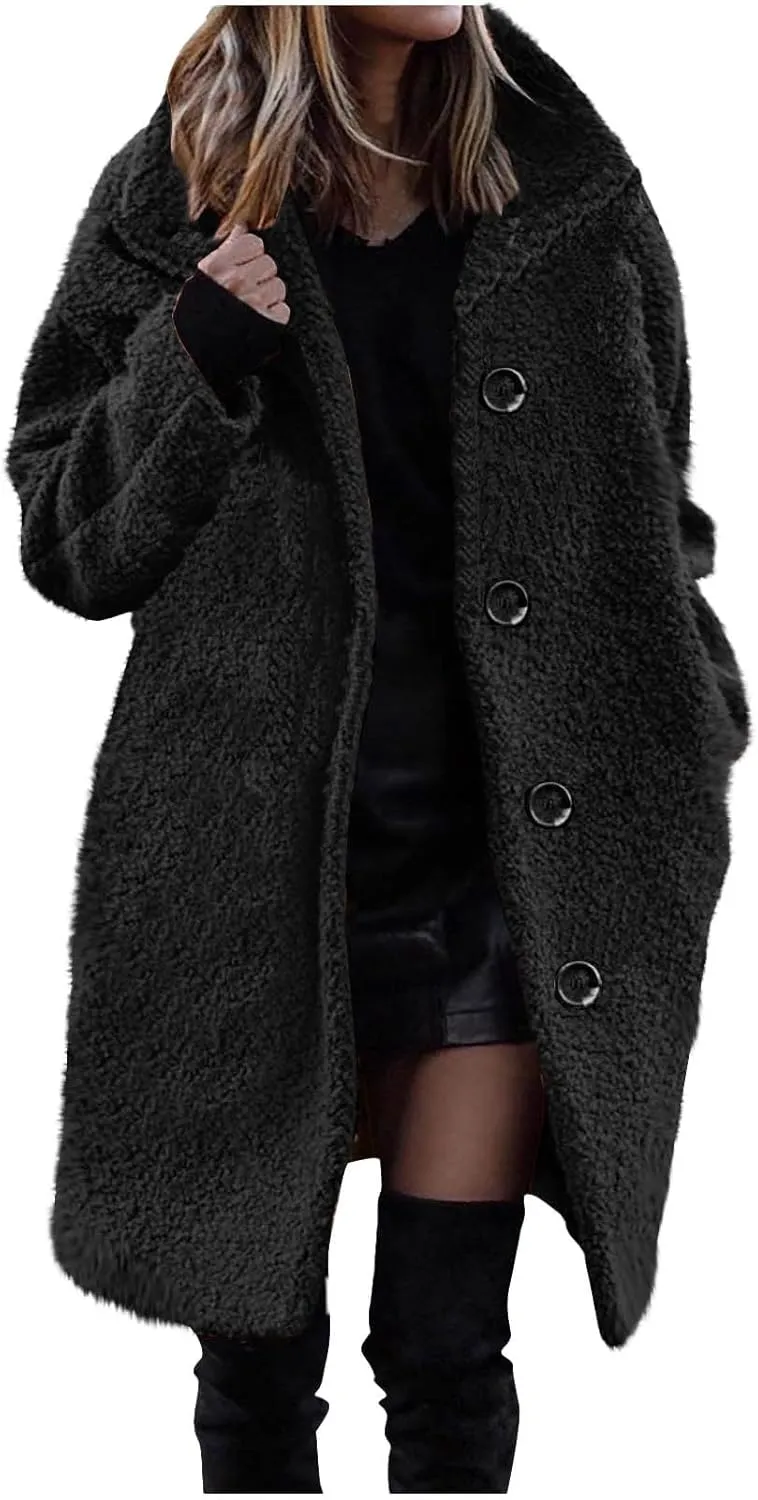 Women Long Sherpa Coats Lapel Fuzzy Trench Jackets Winter Fleece Outerwear Button Cardigan with Pockets