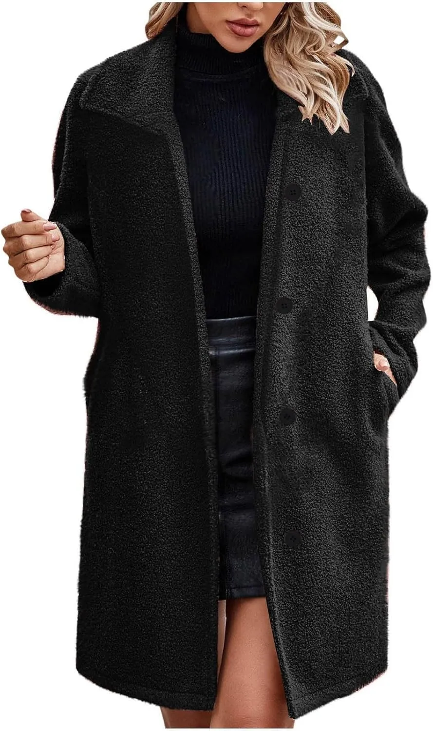 Women Long Sherpa Coats Lapel Fuzzy Trench Jackets Winter Fleece Outerwear Button Cardigan with Pockets