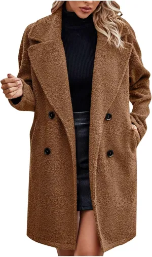 Women Long Sherpa Coats Lapel Fuzzy Trench Jackets Winter Fleece Outerwear Button Cardigan with Pockets