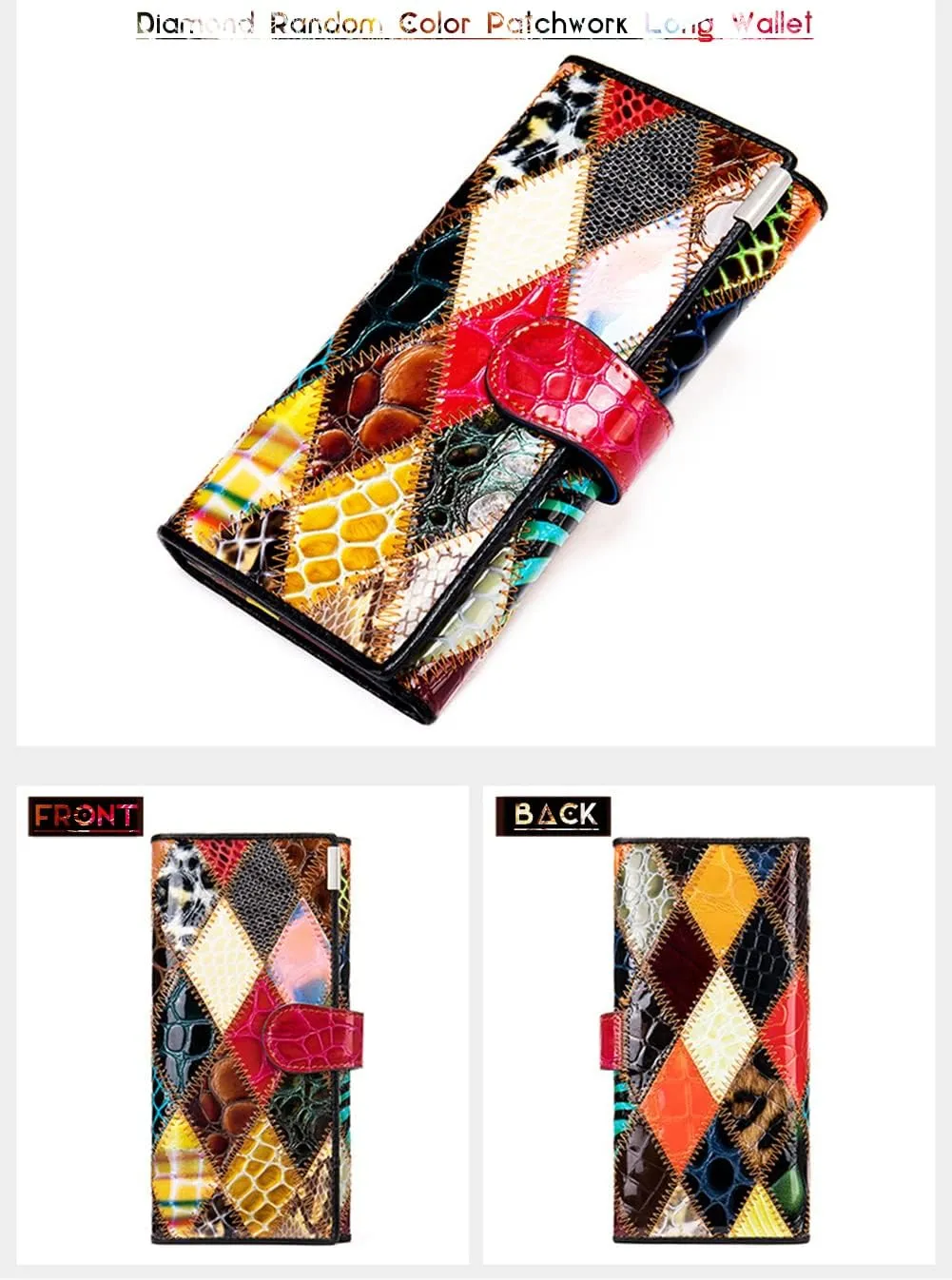 Women Multicolor Wallets Genuine Leather Card Holder Large Purses Phone Clutch (Multicoloured Diamond-L)