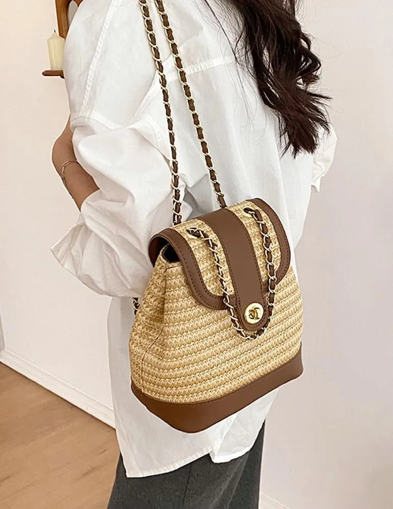 Women PU Straw Chain Small Straw Woven Backpack Daypack Cross-body Shoulder Bag Satchel Purse 2025
