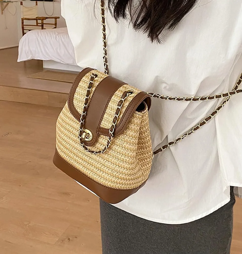 Women PU Straw Chain Small Straw Woven Backpack Daypack Cross-body Shoulder Bag Satchel Purse 2025
