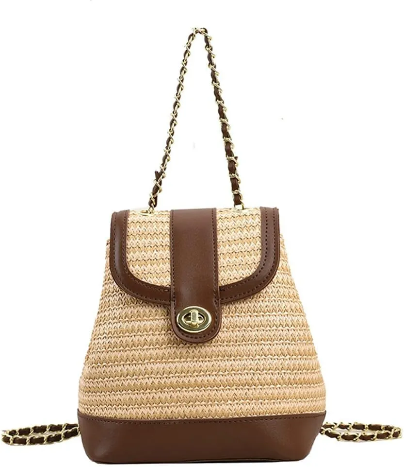 Women PU Straw Chain Small Straw Woven Backpack Daypack Cross-body Shoulder Bag Satchel Purse 2025