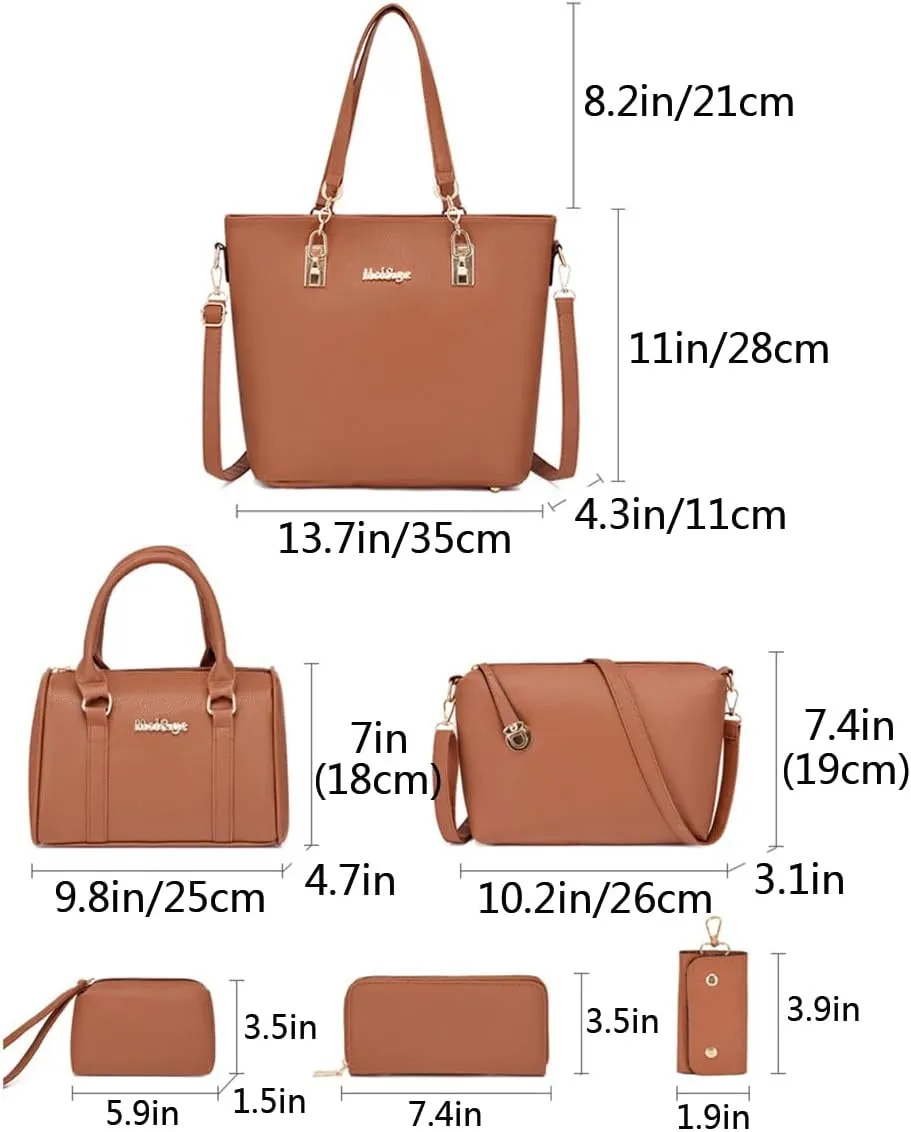 Women Purse Handbag 6pcs Satchel Faux Leather Zip Tote Shoulder Bags Wallet Clutch Card Holder