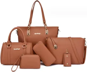 Women Purse Handbag 6pcs Satchel Faux Leather Zip Tote Shoulder Bags Wallet Clutch Card Holder
