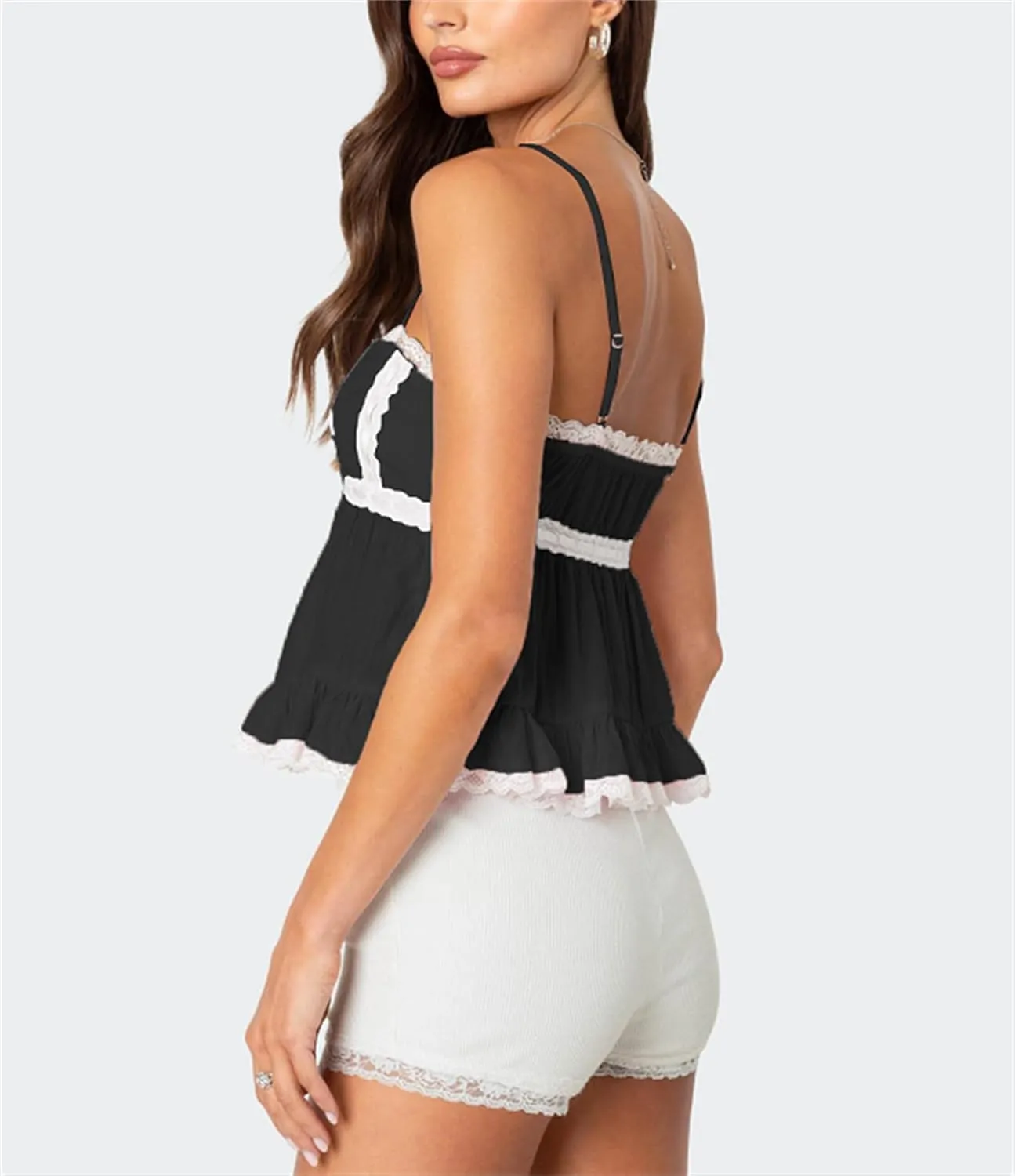 Women Sexy Summer Cami Tops Lace Ruffle Layered Babydoll Cami Crop Tops Y2k Going Out Tops Party Streetwear
