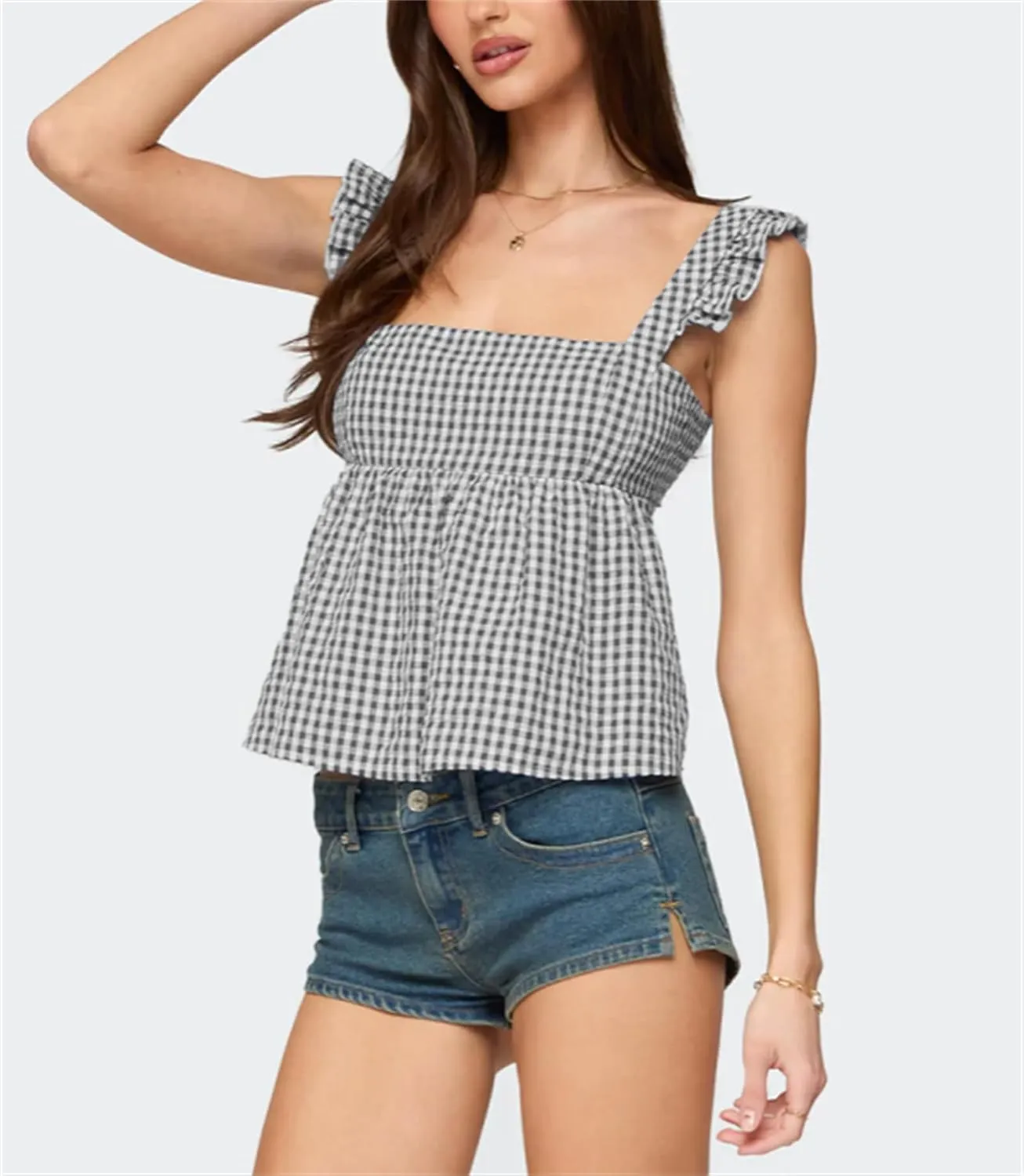 Women Sexy Summer Cami Tops Lace Ruffle Layered Babydoll Cami Crop Tops Y2k Going Out Tops Party Streetwear