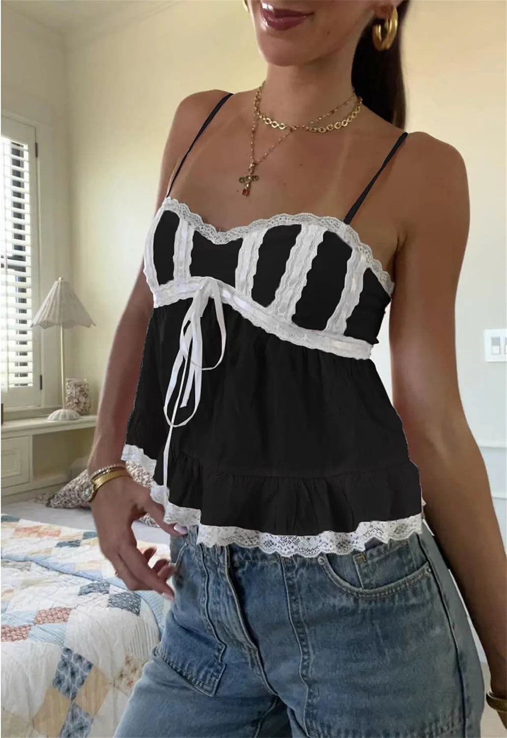 Women Sexy Summer Cami Tops Lace Ruffle Layered Babydoll Cami Crop Tops Y2k Going Out Tops Party Streetwear