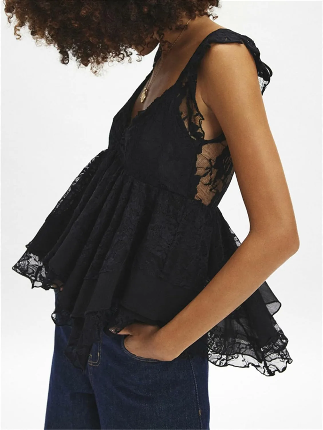 Women Sexy Summer Cami Tops Lace Ruffle Layered Babydoll Cami Crop Tops Y2k Going Out Tops Party Streetwear