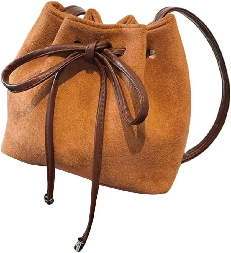Women Shoulder Bag Sweet Bows Bucket Bag Drawstring Messenger Bag Trendy Handbag PU Leather Crossbody Bag for Daily