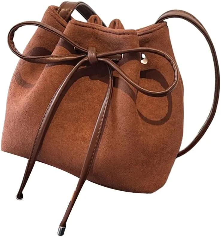 Women Shoulder Bag Sweet Bows Bucket Bag Drawstring Messenger Bag Trendy Handbag PU Leather Crossbody Bag for Daily