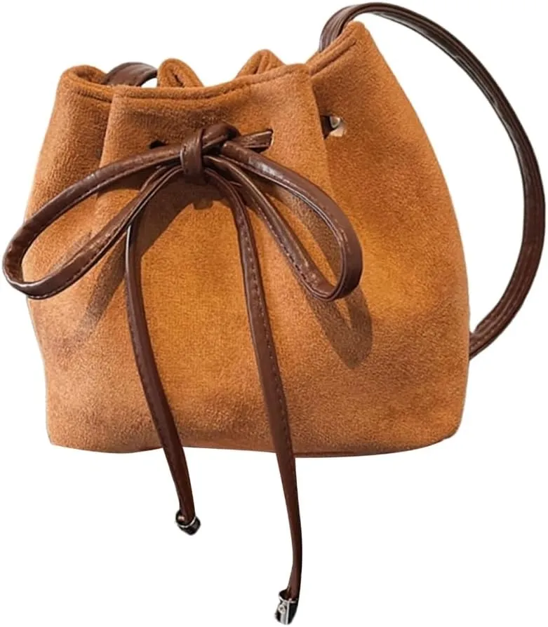 Women Shoulder Bag Sweet Bows Bucket Bag Drawstring Messenger Bag Trendy Handbag PU Leather Crossbody Bag for Daily