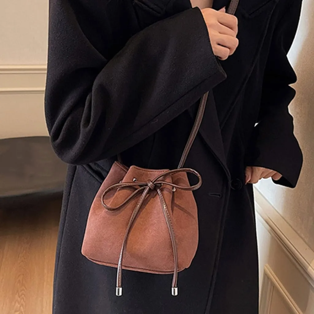 Women Shoulder Bag Sweet Bows Bucket Bag Drawstring Messenger Bag Trendy Handbag PU Leather Crossbody Bag for Daily