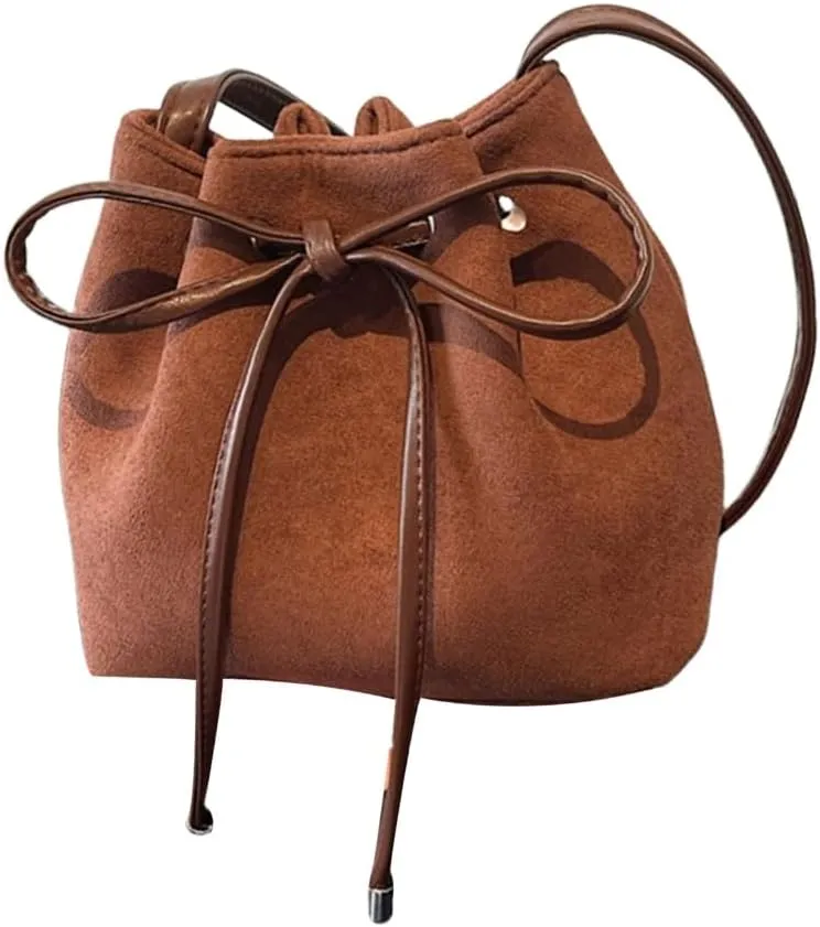 Women Shoulder Bag Sweet Bows Bucket Bag Drawstring Messenger Bag Trendy Handbag PU Leather Crossbody Bag for Daily