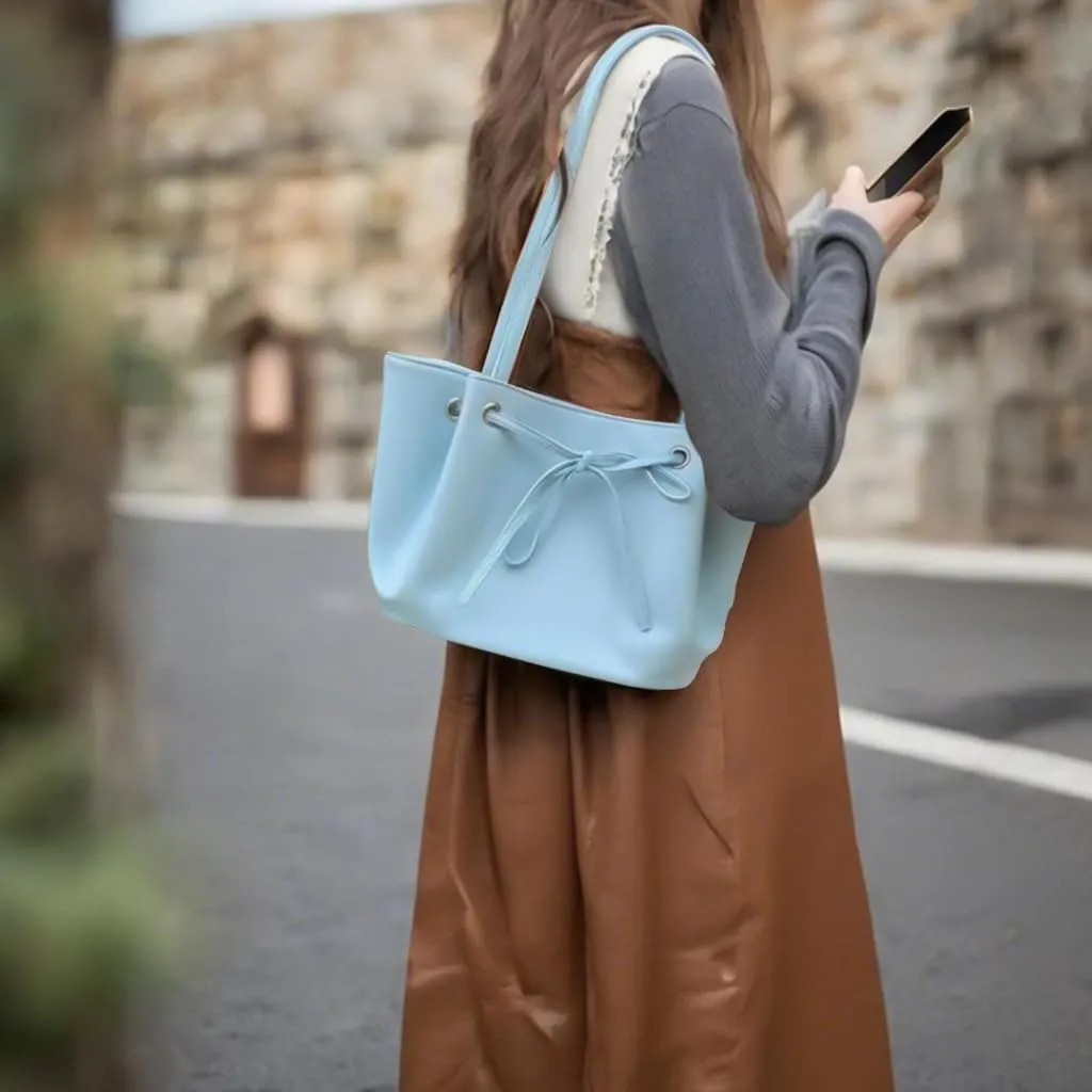 Women Solid Color Armpit Bag PU Leather Shoulder Bag Bowknot Handbag Fashion Underarm Bag Korean Bucket Bag