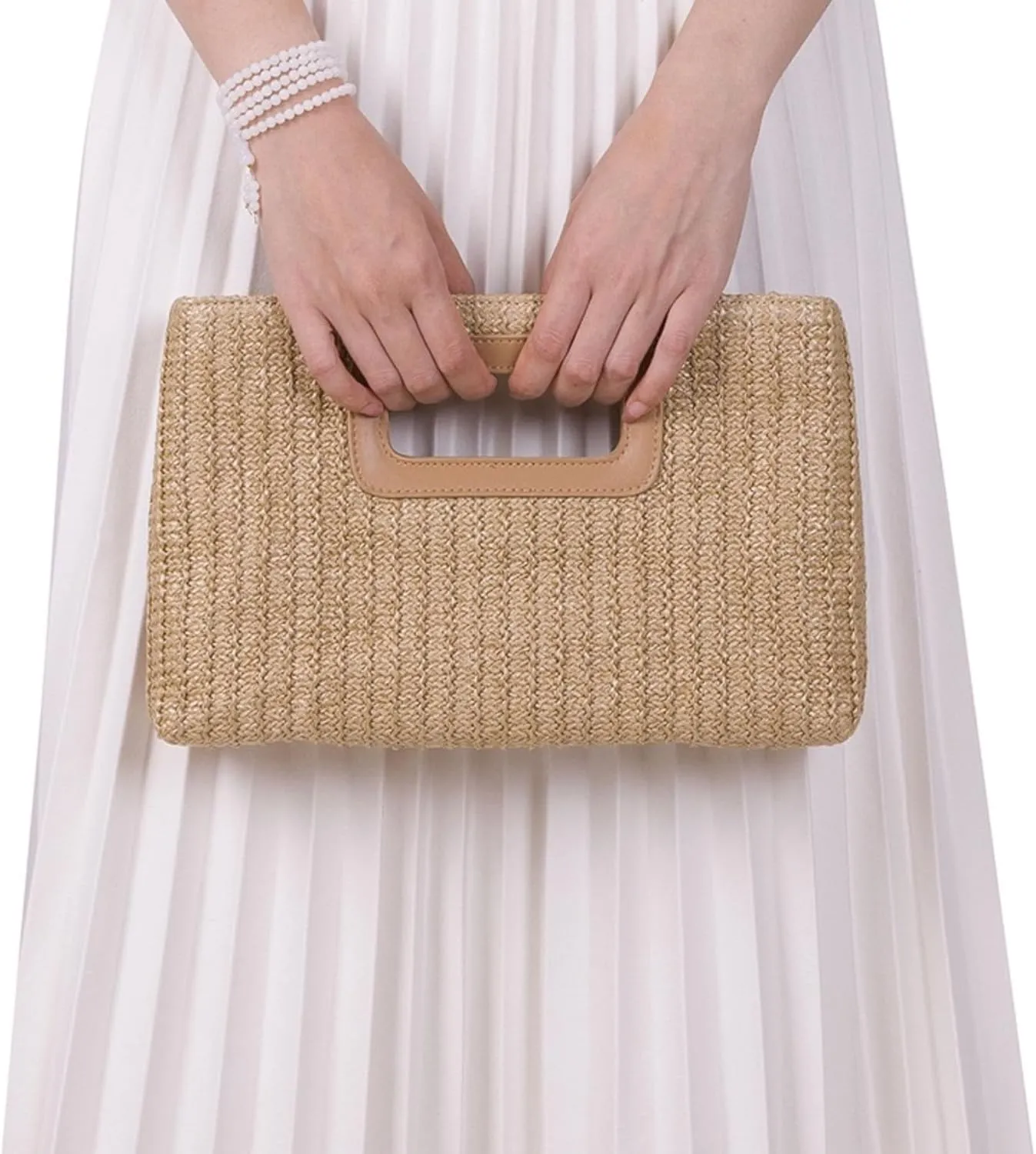 Women Straw Drawstring Bucket Purse Small Tote Shoulder Handbag Hollow Out Cross-body Bag for Summer,Beach