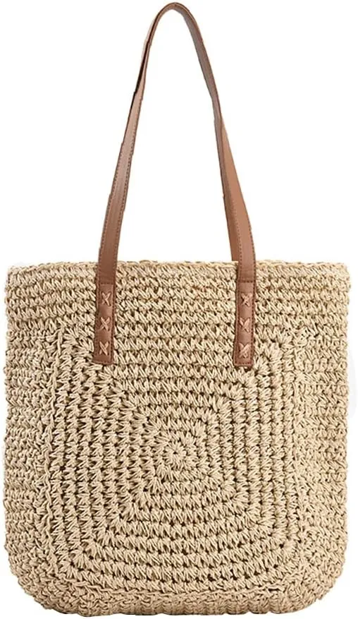 Women Straw Shoulder Bag Handmade Woven Handbag Summer Beach Tote Straw Leather Handle Large Bucket Bag