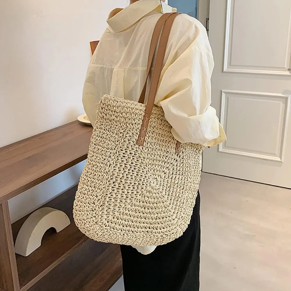 Women Straw Shoulder Bag Handmade Woven Handbag Summer Beach Tote Straw Leather Handle Large Bucket Bag
