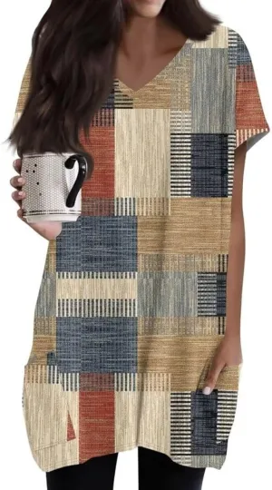 Women Tops V Neck Summer Fashion Clothing Cute Geometric Print Petite Short Sleeve Blouse