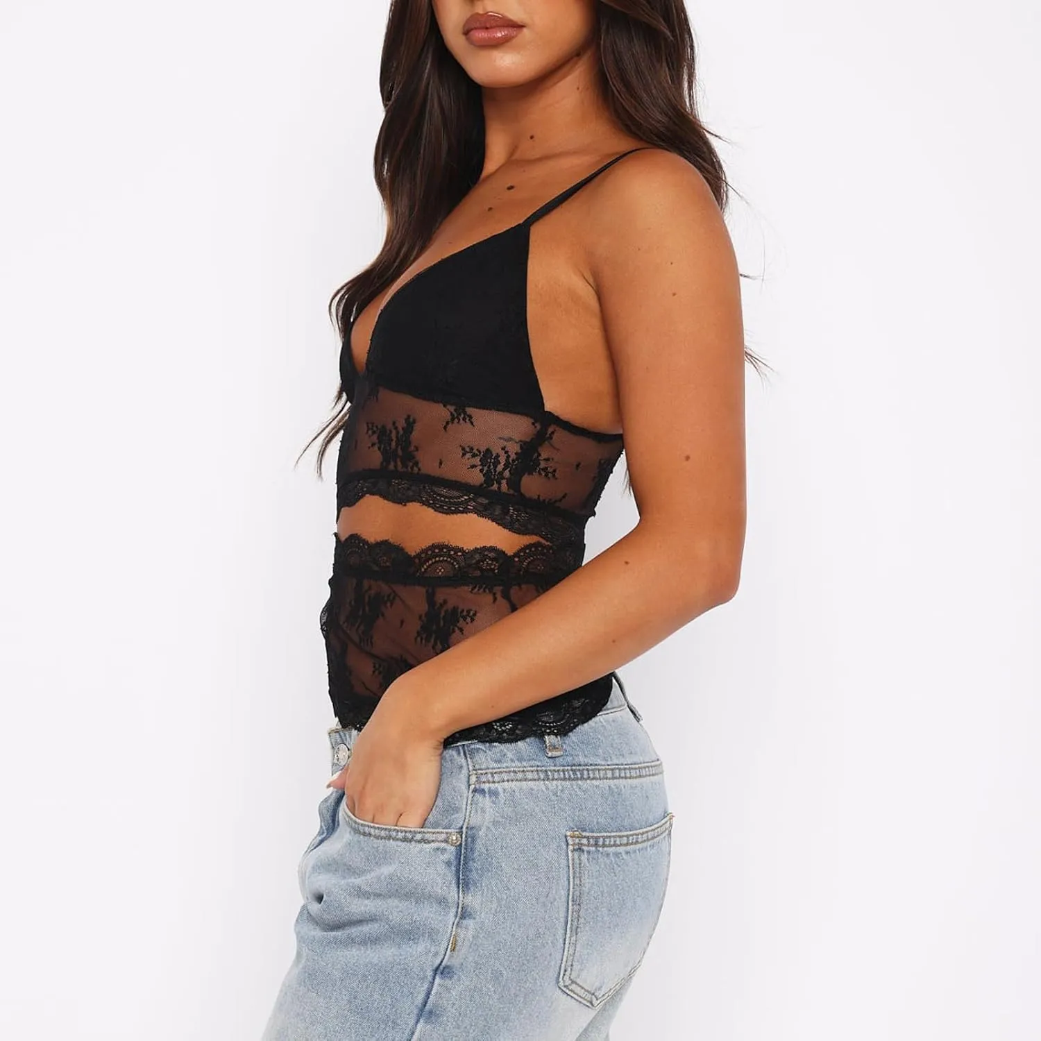 Women Y2K Lace Tank Top Spaghetti Strap See Through Camisole Backless Slim Fit Crop Camis Sexy Going Out Top