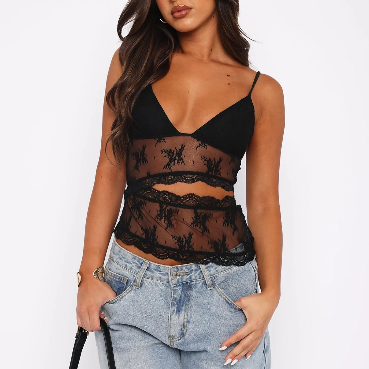 Women Y2K Lace Tank Top Spaghetti Strap See Through Camisole Backless Slim Fit Crop Camis Sexy Going Out Top