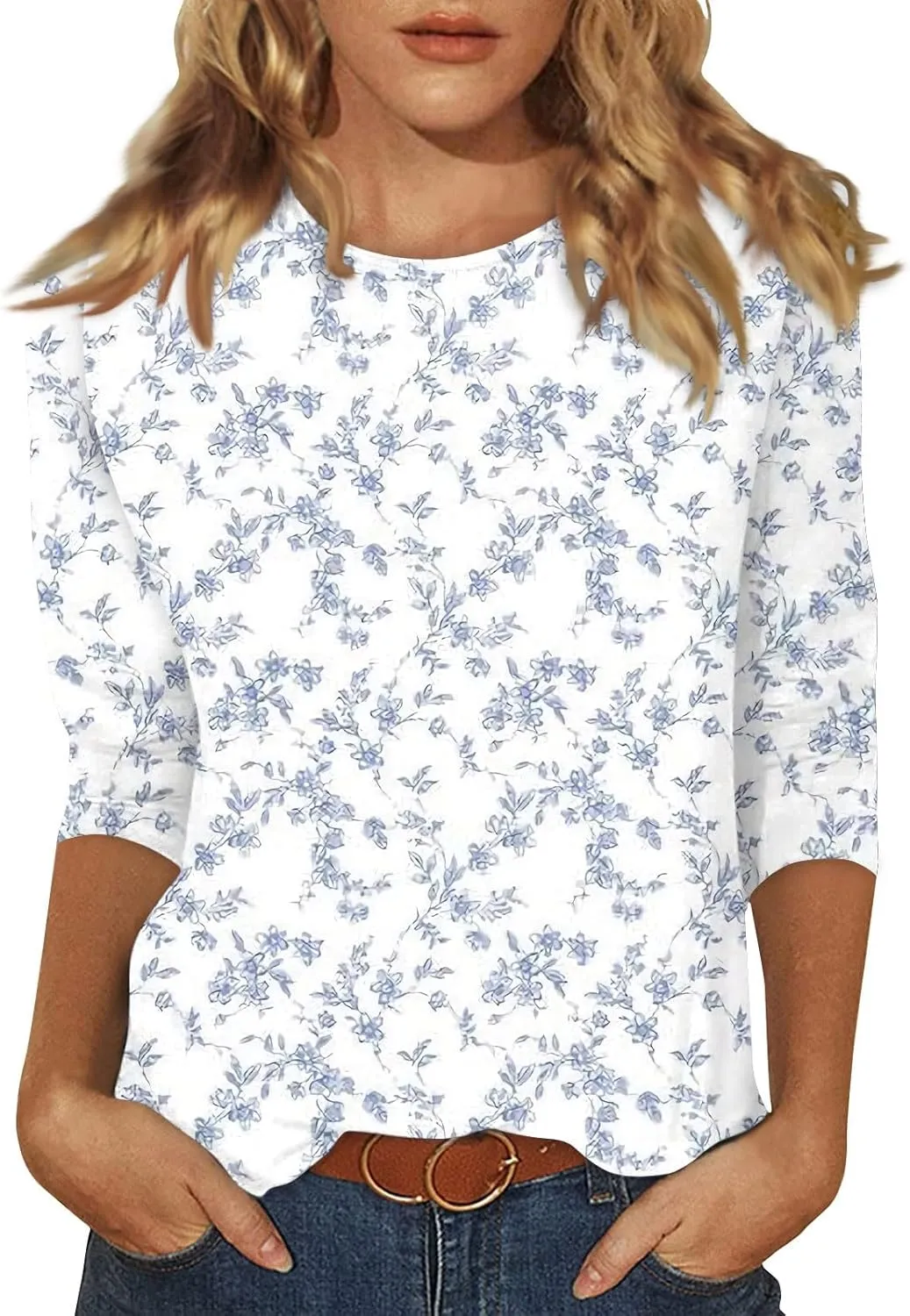 Womens 3/4 Sleeve Tops 2025 Spring Print Round Neck Shirts Loose Fit Three Quarter Sleeve Tshirts