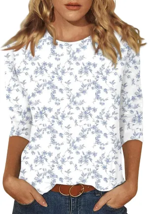 Womens 3/4 Sleeve Tops 2025 Spring Print Round Neck Shirts Loose Fit Three Quarter Sleeve Tshirts